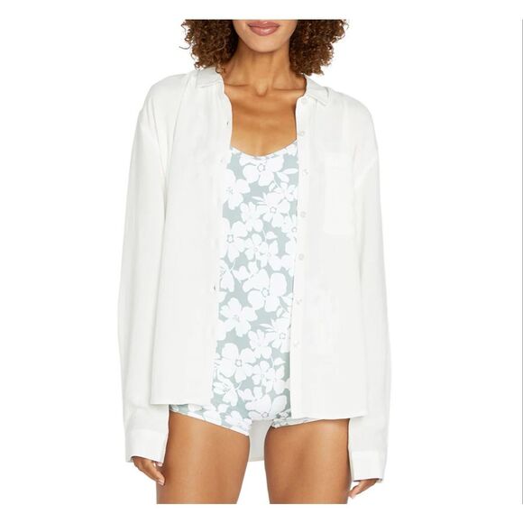 Volcom Coco Ho Yoked Green and White Linen Blend Button Down Top Size Small - Picture 2 of 9